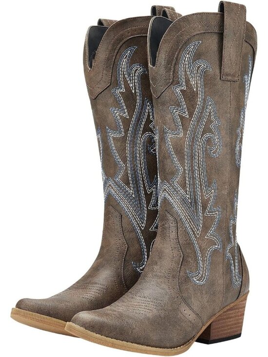 Shoes - Women's Brown Leather Pointed Toe Stitched Embroidery Western Cowboy Boots